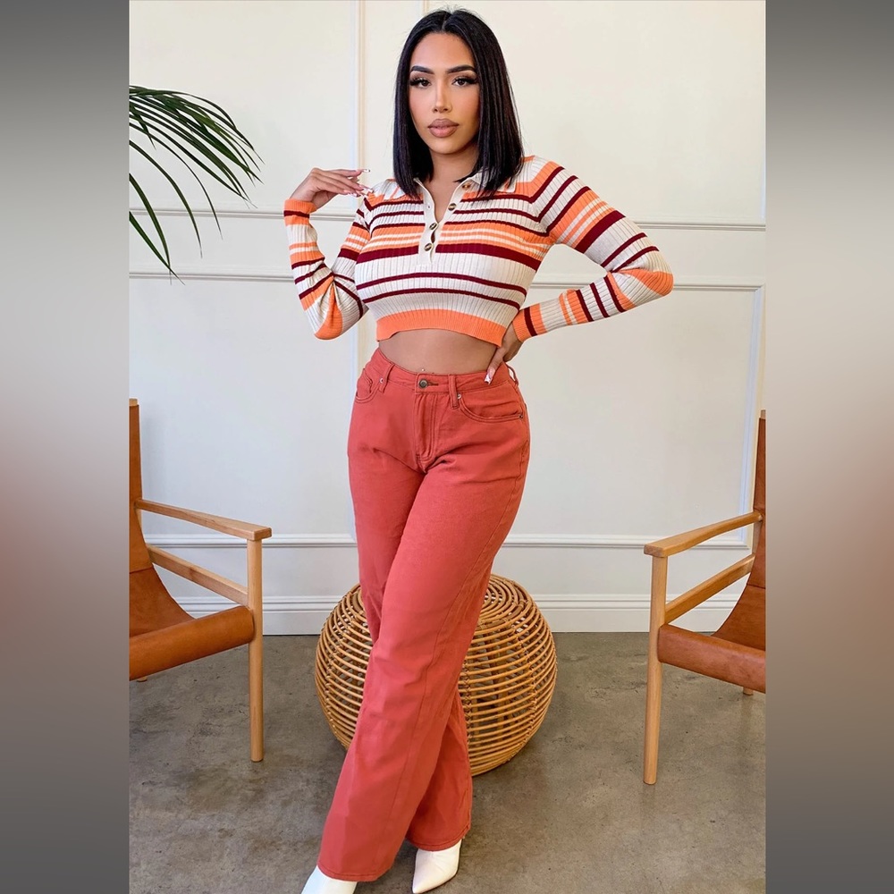 Rust orange high rise straight leg jeans
